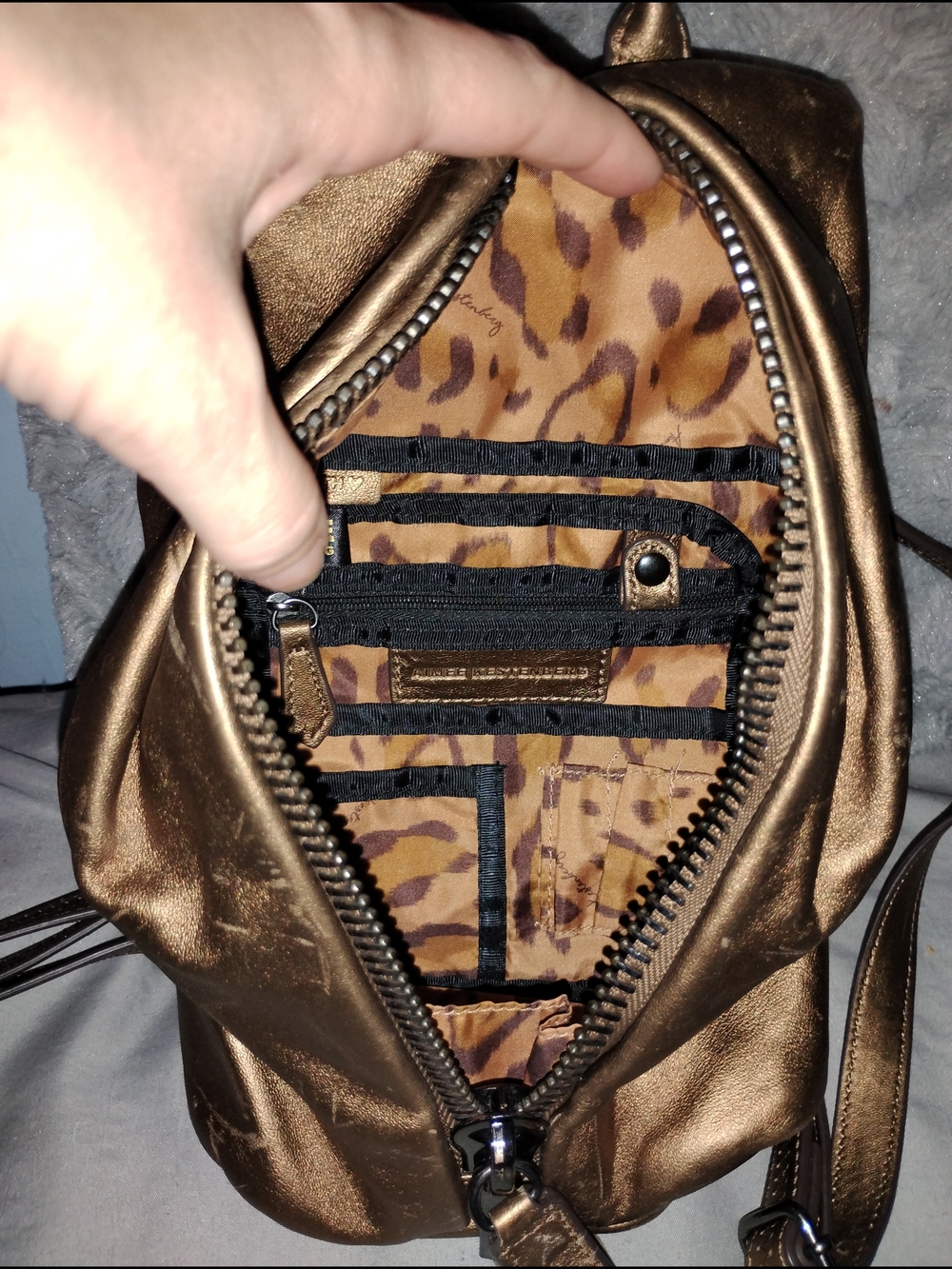 Aimee Kestenberg Metallic Bronze Crossbody Bag with Leopard Lining